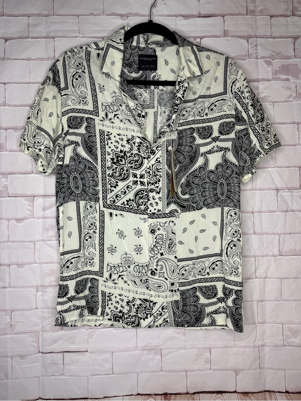 Denim & Flower Black Cream Bandana Paisley Patchwork Button Up Shirt Size S NWT